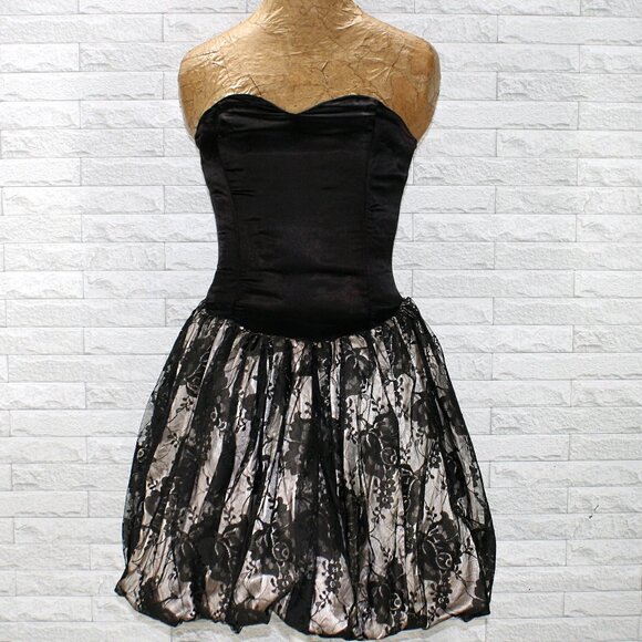 Dress Strapless Cocktail Black Bustier Bubble Hem Lace Bow Homecoming Small - Picture 1 of 12